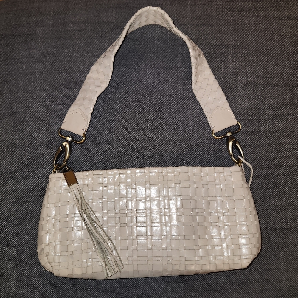 Vintage Elliott Lucca Mini Shoulder Bag Cream Woven Braided Leather Tassels Y2K